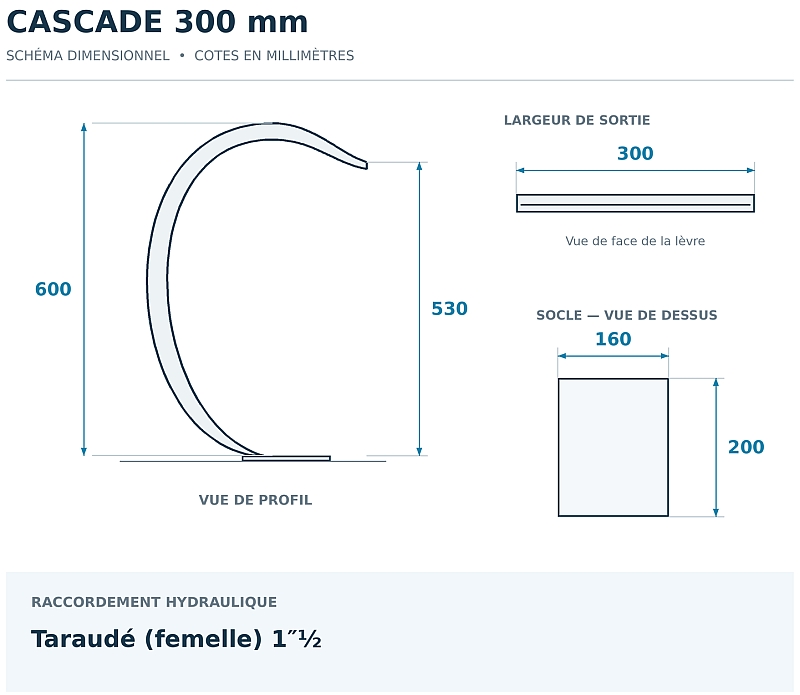 Dimensions de la cascade piscine 300 × 600 mm : sortie à 530 mm et socle 160 × 200 mm